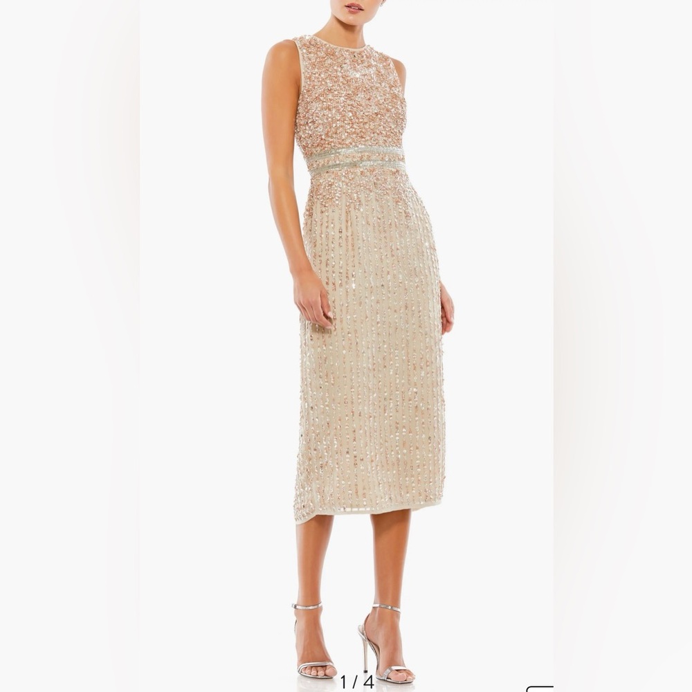 Mac Duggal 10509 Nude Sequin Midi Sheath Dress Sz 10 NWT Cocktail High Neck